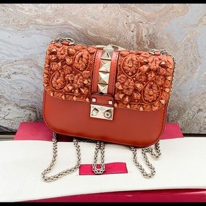 Valentino Glam Lock Small Orange Crystal Bag